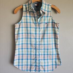 Vtg Tommy Hilfiger Sleeveless Button Down Top Sz 4 Butter Yellow Plaid Y2K Golf